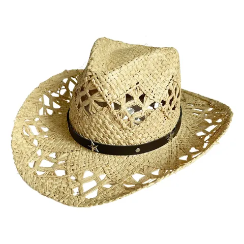 Vintage Hollow Raffia Straw Hat For Women Western Cowboy Jazz Sun Hat Leather Belt Buckle Decor Beach Wide Brim Fedora