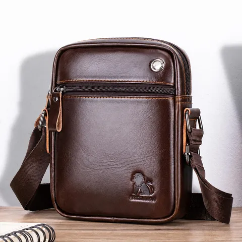 Ανδρική Τσάντα Χιαστί από Γνήσιο Δέρμα Business Casual Μικρή Κάθετη Τσάντα Ώμου Mini Τσάντα Κινητού με Τσèπες με Φερμουάρ