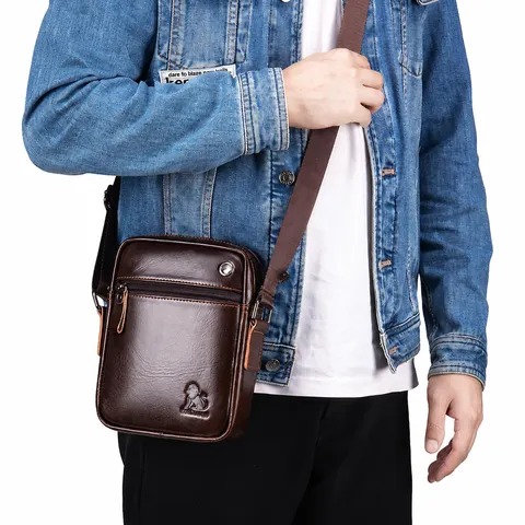 Ανδρική Τσάντα Χιαστί από Γνήσιο Δέρμα Business Casual Μικρή Κάθετη Τσάντα Ώμου Mini Τσάντα Κινητού με Τσèπες με Φερμουάρ