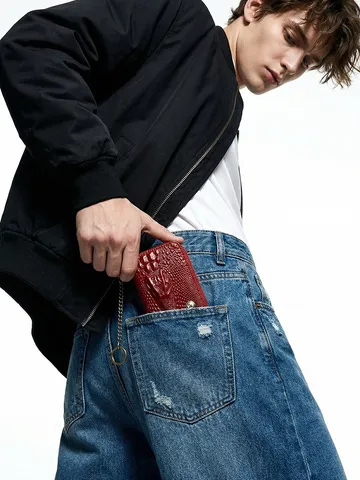Genuine Leather Crocodile Pattern Card Holder RFID Blocking Multi-Card Slot Key Case With Metal Chain Unisex Wallet