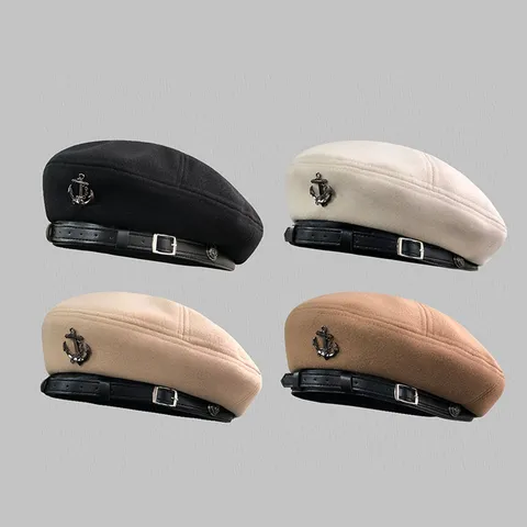 Vintage Wool Blend Beret Hat For Women Fall Winter Solid Color Newsboy Cap With Faux Leather Belt Buckle Metal Anchor Badge Flat Top Brimless Warm Artist Hat