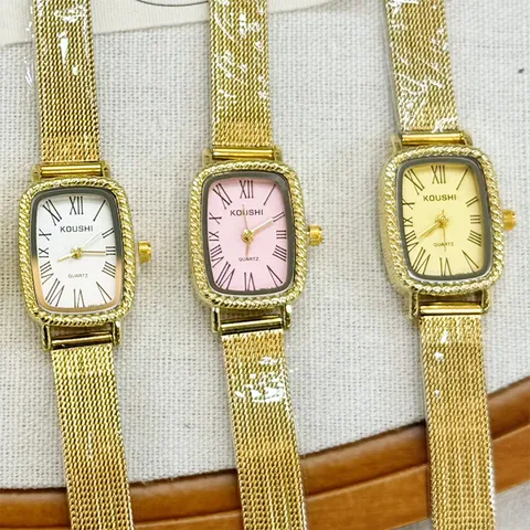 Vintage Women Quartz Watch Rectangular Dial Roman Numerals Elegant Alloy Metallic Mesh Band Decorative Wristwatch Gift For Ladies