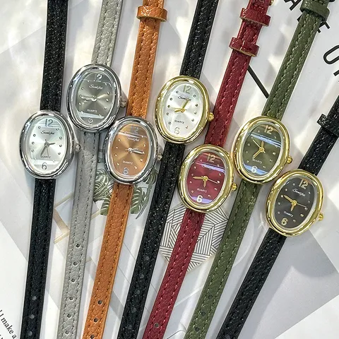 Vintage Retro Women Small Oval Quartz Watch Alloy Faux Leather Slim Band Wristwatch Elegant Decorative Waterproof Casual Female Clock Jewelry