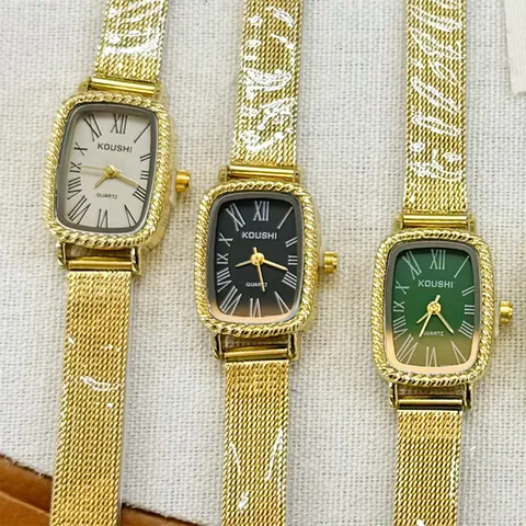 Vintage Women Quartz Watch Rectangular Dial Roman Numerals Elegant Alloy Metallic Mesh Band Decorative Wristwatch Gift For Ladies