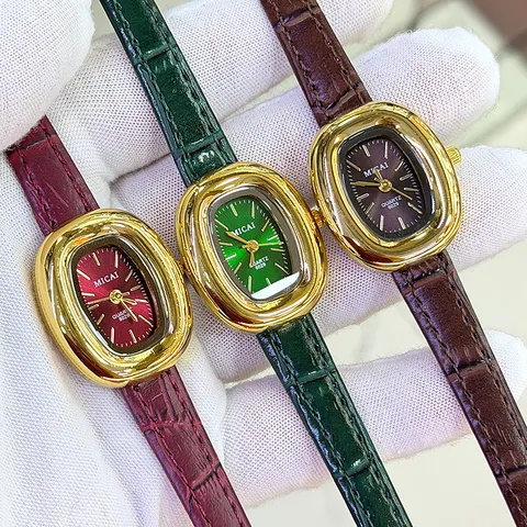 Vintage Badewannenform Damen Quarzuhr Kunstlederarmband Gold Ovales Gehäuse Mode Elegante Armbanduhr Für Damen