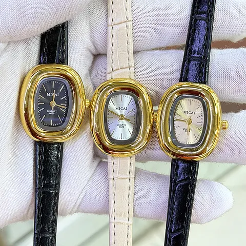 Vintage Badewannenform Damen Quarzuhr Kunstlederarmband Gold Ovales Gehäuse Mode Elegante Armbanduhr Für Damen