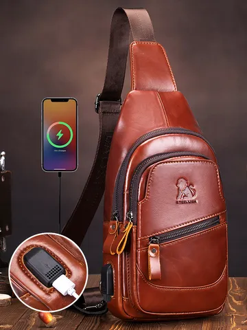 Ανδρική Τσάντα Στήθους από Γνήσιο Δέρμα Vintage Casual Τσάντα Ώμου USB