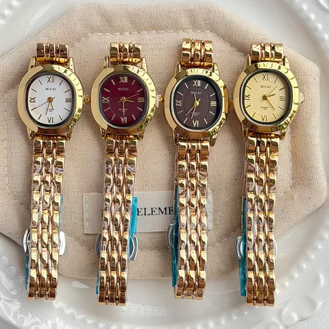 Elegant Alloy Link Quartz Oval Watch For Women Gold Tone Fashion Minimalist Butterfly Clasp Wristwatch Roman Numeral Dial Fine Dress Jewelry Watch Gift