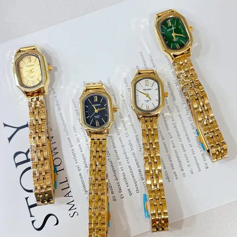 Women Quartz Watch Fashion Gold Rectangular Small Dial Stainless Steel Band Alloy Case Analog Pointer Wristwatch Ladies Gift