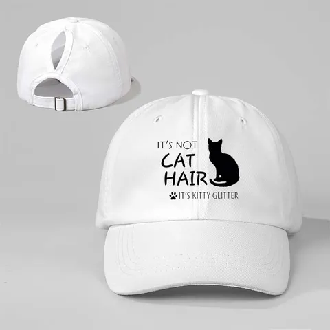 Washed Polyester Ponytail Baseball Cap Distressed Cat Hair Kitty Glitter Print For Women Adjustable Outdoor Sun Hat