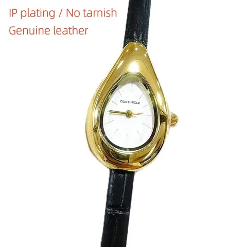 Vintage Wassertropfenform Quarzuhr Legierung Gehäuse Echtes Leder Armband IP Galvanisiert Wasserdicht Armbanduhr Für Damen Geschenk