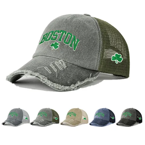 Retro Embroidered Letter Floral Baseball Cap Breathable Mesh Trucker Hat Distressed Ripped Curved Brim Sun Hat For St Patrick Day