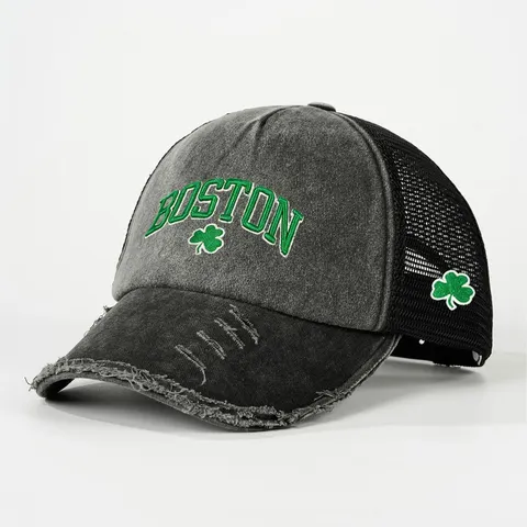 Retro Embroidered Letter Floral Baseball Cap Breathable Mesh Trucker Hat Distressed Ripped Curved Brim Sun Hat For St Patrick Day