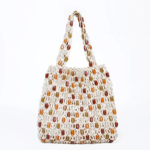 Casual Woven Hollow Out Beaded Tote Bag Women Fashion Straw Beach Shoulder Bag Fabric Daily Handbag Purse