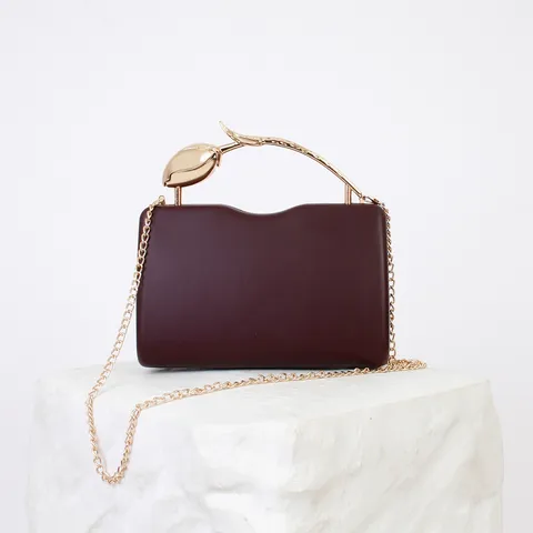 Vintage Women Evening Bag PU Leather Hard Shell Crossbody Bag Gold Metal Tulip Handle Clutch Purse Wedding Party Handbag
