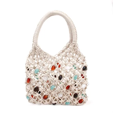 Off-White Woven Beaded Handbag Pastoral Style Casual Daily Top Handle Bag Hand Woven Fabric Handbag For Women