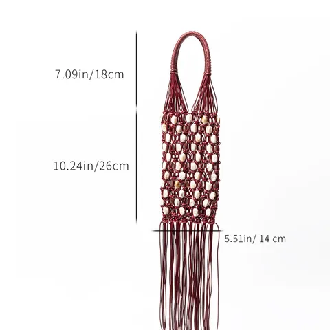 Women Woven Handbag Vintage Hollow Out Tassel Beach Vacation Tote Bag Polyester Rope Beaded Handbag Casual Ladies Purse