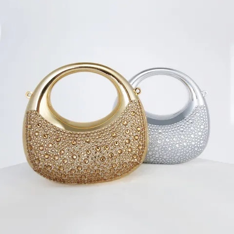 Mini Rhinestone Moon Metal Evening Bag For Women Party Banquet Sparkly Crystal Inlaid Chain Crossbody Handbag