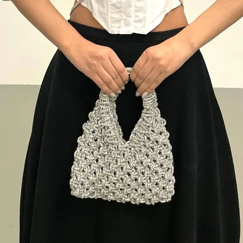 Sparkling Rhinestone Hollow Hobo Handbag Women Party Banquet Evening Bag Handmade Woven Crystal Purse Shoulder Hand Bag