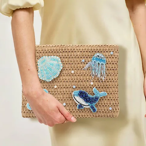 Women Fashion Casual Straw Woven Shoulder Bag Handmade Beaded Marine Life Underarm Bag Summer Beach Travel Handbag