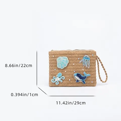 Women Fashion Casual Straw Woven Shoulder Bag Handmade Beaded Marine Life Underarm Bag Summer Beach Travel Handbag