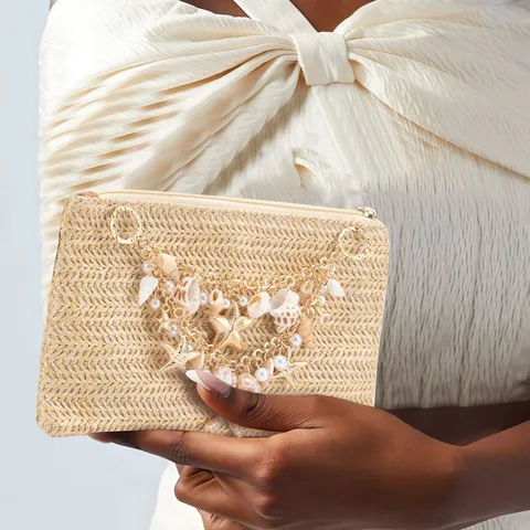 Womens Straw Underarm Bag Fashion Casual Commuter Shoulder Bag Beach Woven Handbag With Pearls And Shells