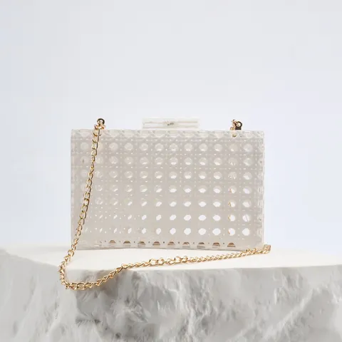 Women Acrylic Rattan Evening Bag Woven Hard Shell Clutch Purse Elegant Wedding Party Handbag Crossbody Bag