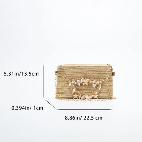 Womens Straw Underarm Bag Fashion Casual Commuter Shoulder Bag Beach Woven Handbag With Pearls And Shells
