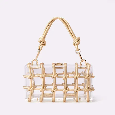 Transparent Acrylic Woven Hollow Rhinestone Lock Single Shoulder Underarm Bag Fashion Retro Evening Handbag For Women