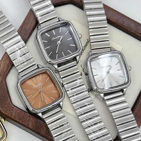 Retro Square Dial Analog Quartz Wrist Watch For Women Alloy Case Stainless Steel Bamboo Joint Mesh Band Elegant Fashion Wristwatch Minimalist Dress Watch
