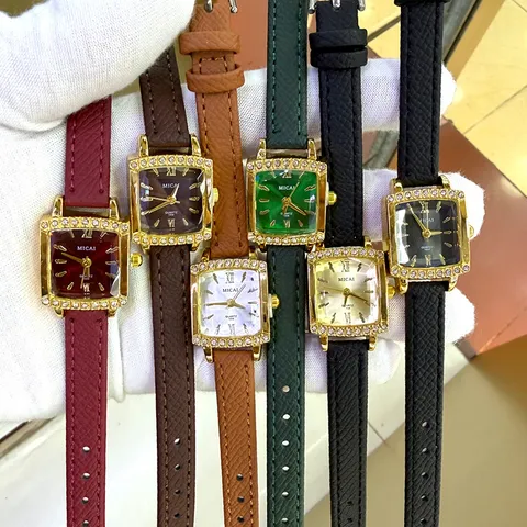 Vintage Square Quartz Watch For Women Gold Tone Case Rhinestone Bezel Faux Leather Strap Elegant Ladies Wristwatch Casual Dress Watch Jewelry Gift