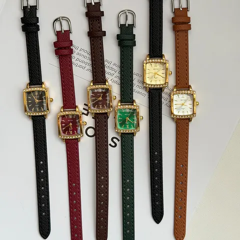Vintage Square Quartz Watch For Women Gold Tone Case Rhinestone Bezel Faux Leather Strap Elegant Ladies Wristwatch Casual Dress Watch Jewelry Gift