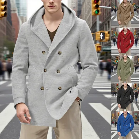Men's Hooded Double-Breasted Trench Coat Mid-Length Casual Windbreaker Polyester Spandex Composite Fabric Winter Outerwear Top