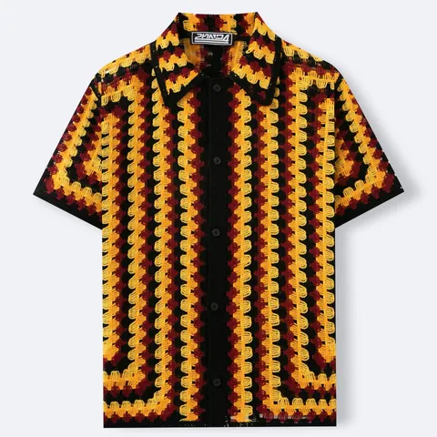 Men's Vintage Vacation Style Crochet Hollow Out Knit Polo Shirt Retro Wave Pattern Short Sleeve Button Up Top