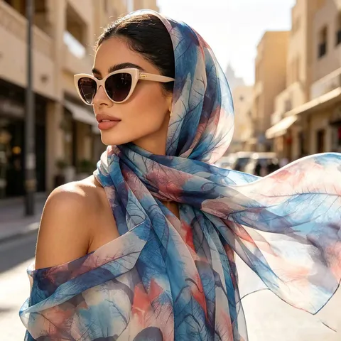 Women Elegant Georgette Silk Scarf Thin Sun Protection Shawl Colorful Leaf Pattern Printed Beach Wrap For Summer Decorative Accessories