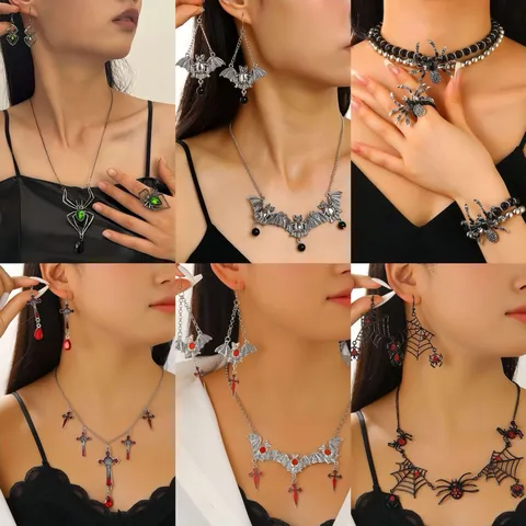 Joyas Telaraña Murciélago Cruz Collar Pendientes Aleación Cristal Gótico Halloween Disfraz Retro Punk Estilo Mujeres
