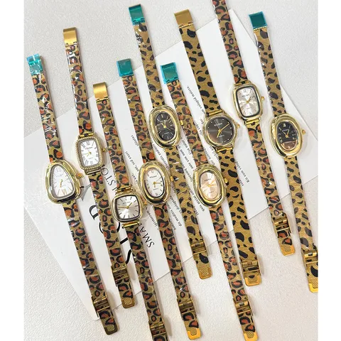 Vintage Leopard Print Mesh Band Quartz Watch For Women Retro Alloy Gold Case Elegant Fashion Slim Ladies Wristwatch