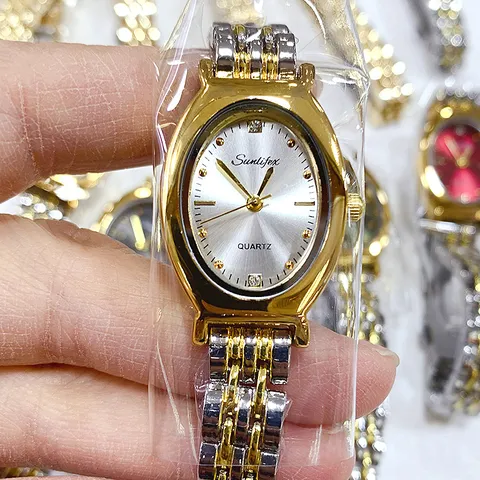 SUNLIFEX Γυναικείο Vintage Οβάλ Ρολόι Χαλαζία Χρυσό Ασημί Δίχρωμο Μεταλλικό Μπρασελέ Στρας Καντράν Κομψό Ρολόι Χειρός