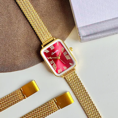 Vintage Elegante Rechteckige Quarzuhr Für Damen Minimalistisch Römische Ziffern Mesh Armband Wasserdicht Mode Armbanduhr Schmuck