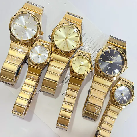 Vintage Premium Luxury Quartz Watch Gold Stainless Steel Alloy Coupling Calendar Roman Numeral Waterproof Round Dial Analog Wrist Watch For Couples Gift
