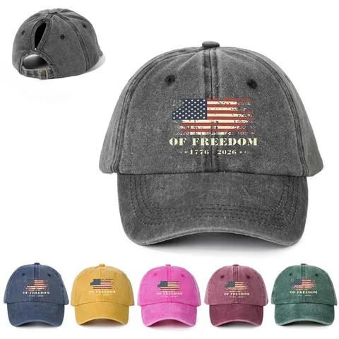 Vintage Gewassen Polyester Paardenstaart Honkbalpet Amerikaanse Vlag Bedrukt Gebogen Rand Verstelbaar Outdoor Zonnescherm Hoed