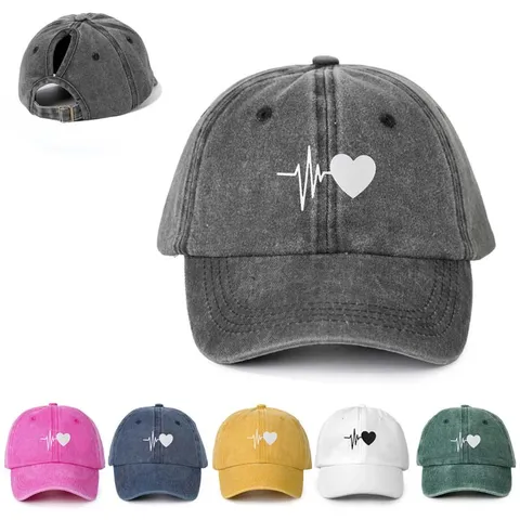 Dames Mode Paardenstaart Honkbalpet Verstelbaar Gewassen Distressed Gebogen Rand Pet Hartslag Grafische Bedrukt Zonnebescherming Outdoor Sport Pet