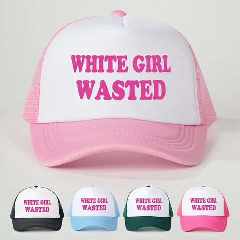 Gorra de Béisbol de Malla de Poliéster Impresión de Letras White Girl Wasted Ajustable Gorra Trucker Protección Solar Al Aire Libre