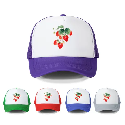 Unisex Casual Polyester Trucker Hat Watercolor Strawberry Printed Baseball Cap Breathable Mesh Outdoor Adjustable Sun Visor Hat