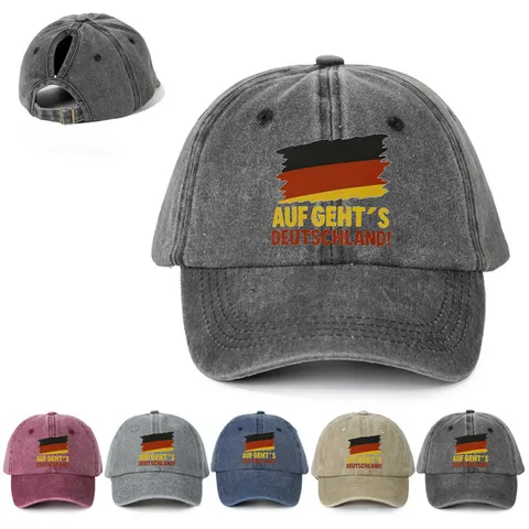 Casquette de Baseball Imprimé Drapeau de l'Allemagne Délavé Usé Chapeau Queue de Cheval Réglable Pare-soleil Sport pour Hommes Femmes Fans de Football
