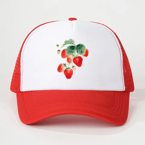 Unisex Casual Polyester Trucker Hat Watercolor Strawberry Printed Baseball Cap Breathable Mesh Outdoor Adjustable Sun Visor Hat