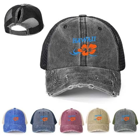 Berretto da Baseball da Donna Coda di Cavallo Mesh Distressed Trucker Cappello Poliestere Stampa Floreale Grafica Regolabile