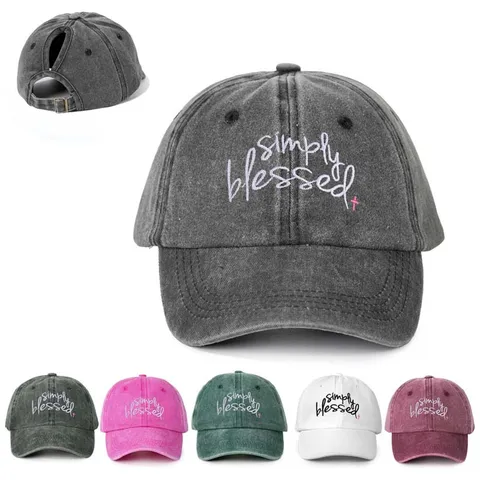 Washed Cotton Ponytail Baseball Cap Embroidered Blessed Curved Brim Adjustable Sun Hat For Women Outdoor Sports Beach Cap