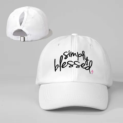 Washed Cotton Ponytail Baseball Cap Embroidered Blessed Curved Brim Adjustable Sun Hat For Women Outdoor Sports Beach Cap