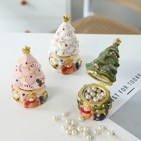 Boîte à Bijoux Sapin de Noël Ours en Céramique Nordique Boîtier de Rangement Vintage Ornement de Bureau Cadeau